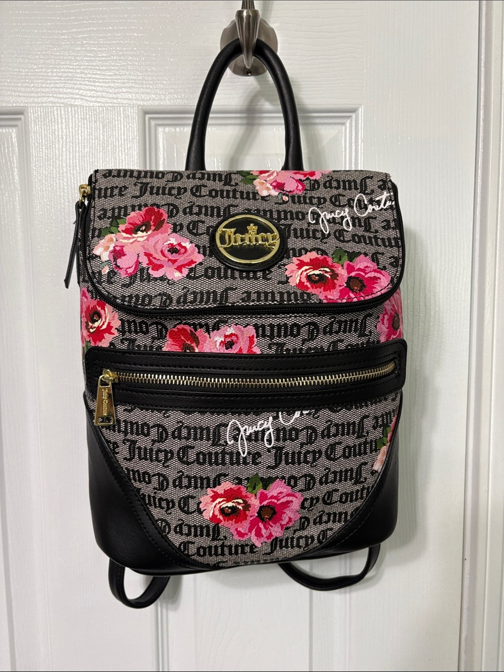Juicy Couture Black Backpack with Pink Floral Print